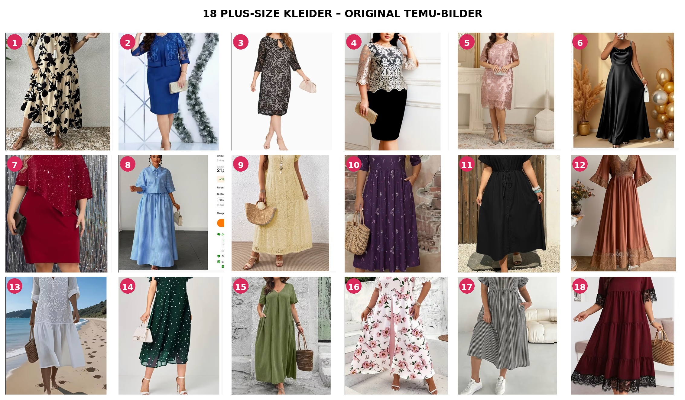 18 günstige Plus-Size-Kleider von Temu nummeriert von 1 bis 18
