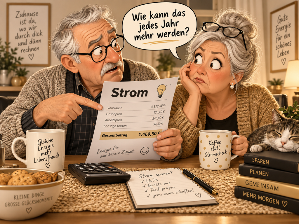 Humorvolle Reaktion auf eine hohe Stromrechnung beim Familien-Fixkostencheck