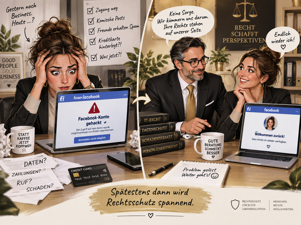 Humorvolles Vorher-Nachher eines gehackten Facebook-Unternehmenskontos und der Unterstützung durch einen Anwalt
